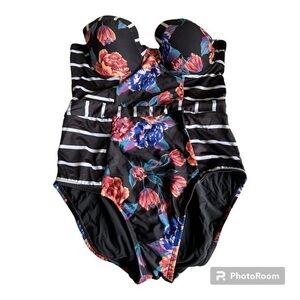 ModCloth Harper floral striped strapless one piece swimsuit small